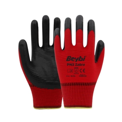 Beybi PN3 Zebra Polyester Kırmızı Örme Nitril Eldiven No:9 - 288 Çift