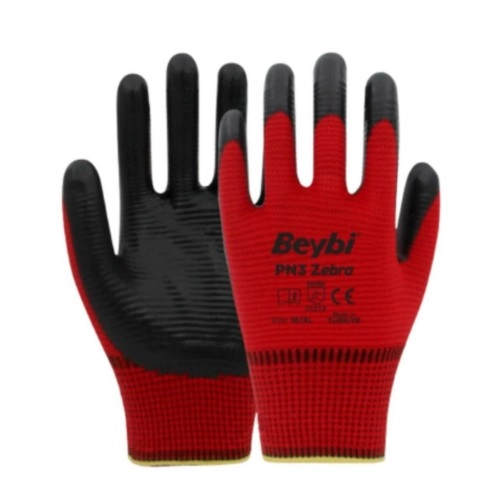 Beybi PN3 Zebra Polyester Kırmızı Örme Nitril Eldiven No:10 - 288 Çift