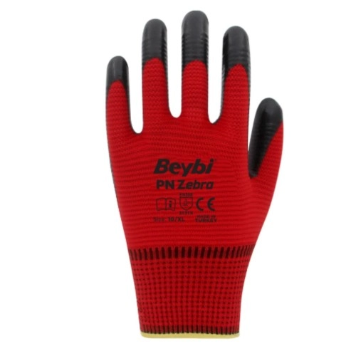 Beybi PN Zebra Kırmızı Siyah Polyester Örme Nitril Eldiven No: 9- 288 Çift