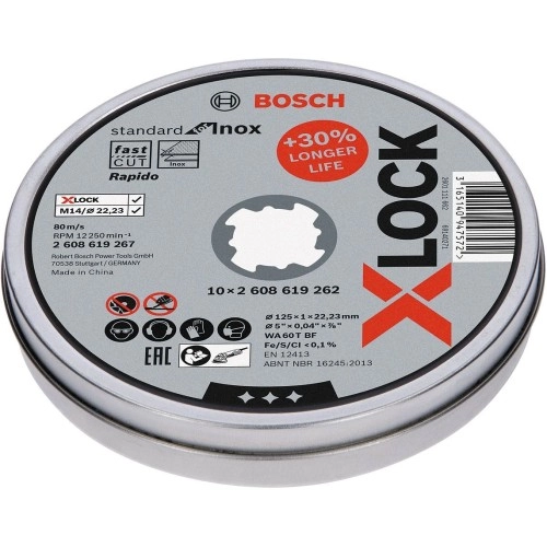 Bosch - X-LOCK - 125*1,0mm Standard Seri Düz Inox (Paslanmaz Çelik) Kesme Diski (Taş) - Rapido 10'lu