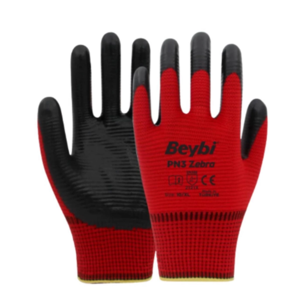 Beybi PN3 Zebra Polyester Kırmızı Örme Nitril Eldiven No:10 - 288 Çift