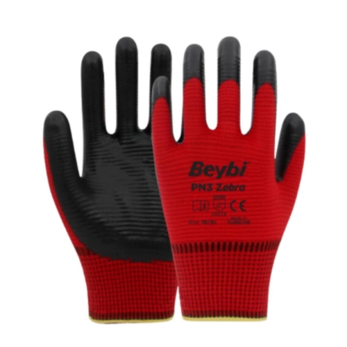 Beybi PN3 Zebra Polyester Kırmızı Örme Nitril Eldiven No:10 - 288 Çift