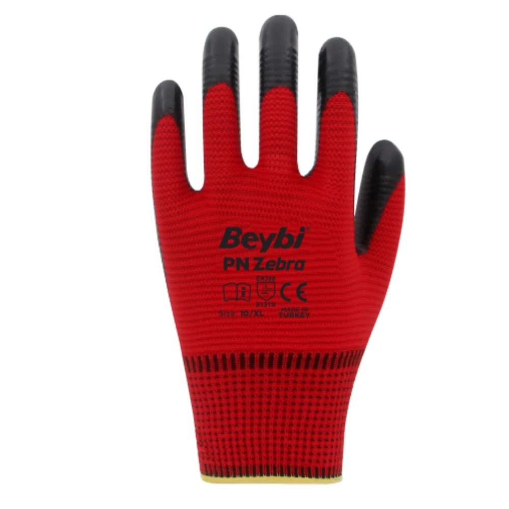 Beybi PN Zebra Kırmızı Siyah Polyester Örme Nitril Eldiven No: 9- 288 Çift