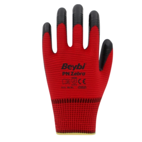 Beybi PN Zebra Kırmızı Siyah Polyester Örme Nitril Eldiven No: 9- 288 Çift